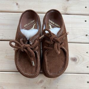 Naked Wolfe Brown Suede Moccasin Slippers with Gold Accents